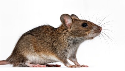 Closeup of Plain House Mouse Mus Musculus, Captivating Side Profile in HighResolution, Showcasing Detailed Fur Textures and Expressive Eyes in a Minimalist Setting, Illustrating the Delicate