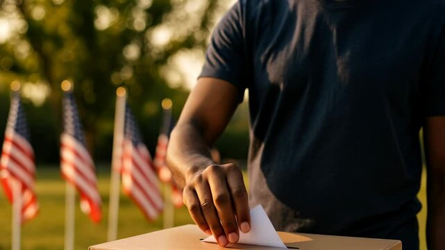 Close-up, eye-level shot of a person casting a vote outdoors, with American flags in the background, conveying a civic duty theme for a video.