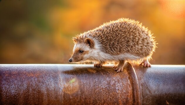 Charming Hedgehog perched on weathered pipe in rustic woodland setting, showcasing endearing quirks and textures of adorable creature amidst natures rugged charm.