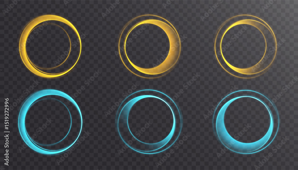 Poster A set of neon ring trails with teleport and glow effect in yellow and blue. Suitable for game HUD interfaces and speed visual effects.