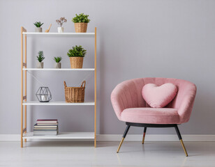 Stylish pink armchair with heart-shaped pillow in bright minimalist interior with wooden floor for modern home decor and cozy living space design