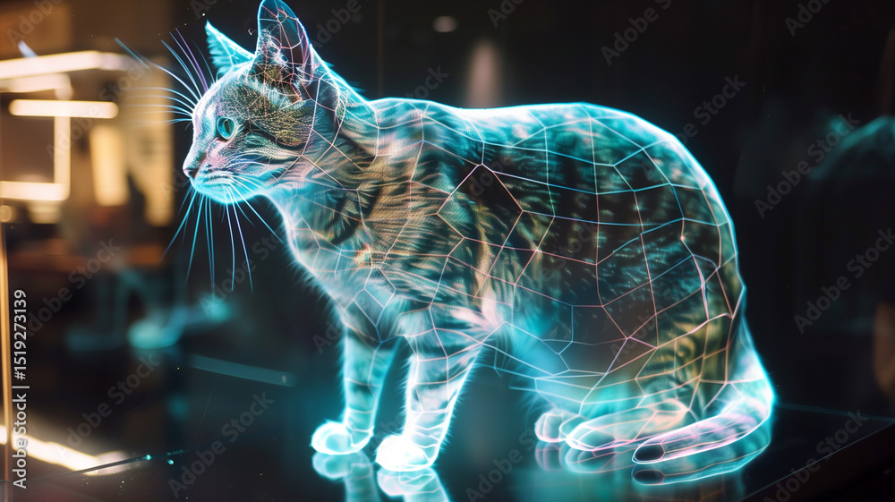 Poster this glowing hologram of a digital cat projects in a futuristic space, showcasing a realistic design