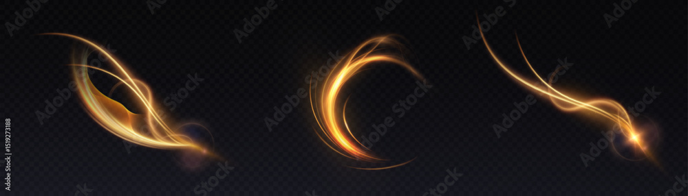 Poster Set of golden glowing swirls with bright neon glow on dark background for visual effects and user interfaces.