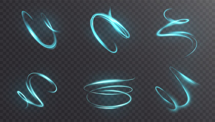 Blue bright dynamic energy vortexes in spiral curved motion. For magic effects, high-speed movement, UI interfaces or sci-fi concepts.