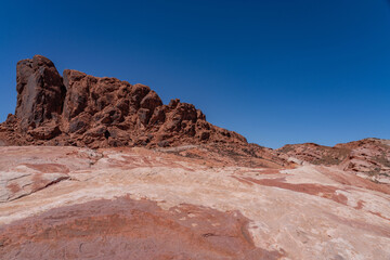 Fire Wave Trail, red Aztec Sandstone outcrops, Early Jurassic geological formation of primarily eolian sand. Valley of Fire State Park, Clark County, Nevada geology. Weathering. 
