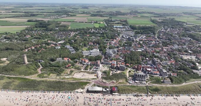 domburg, small village recreational, sea coast line, beach in Zeeland. Aerial view.
