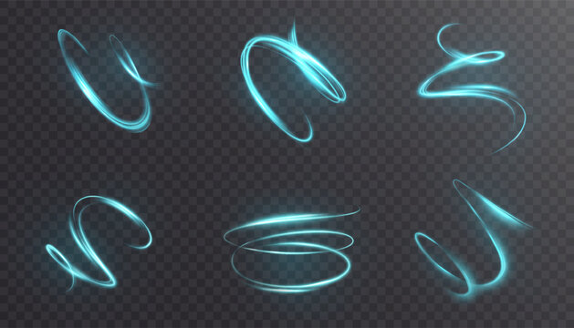 Blue bright dynamic energy vortexes in spiral curved motion. For magic effects, high-speed movement, UI interfaces or sci-fi concepts.