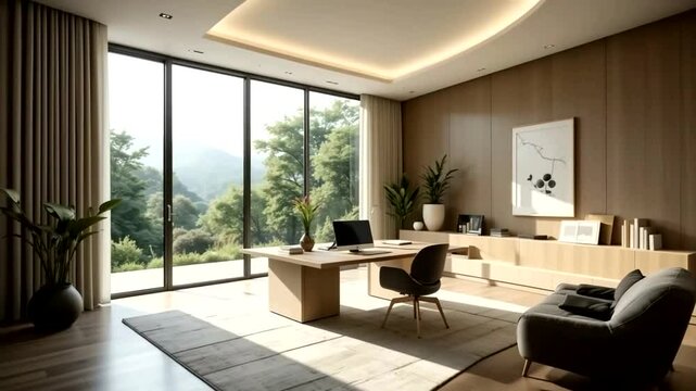 Modern, minimalist home office with panoramic views. Light-filled space with wooden accents, large windows, and comfortable furnishings
