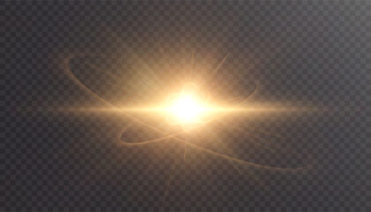 Golden energy explosion with glowing core and swirling light trails on transparent background. Abstract vector light effect.