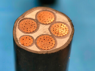 Exploring the intricate structure of electrical power cables with vibrant copper wires beneath...