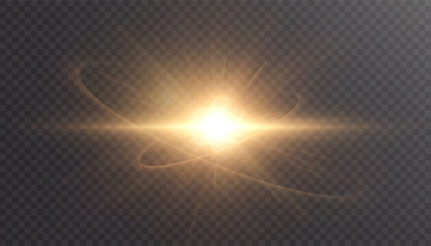 Golden energy explosion with glowing core and swirling light trails on transparent background. Abstract vector light effect.