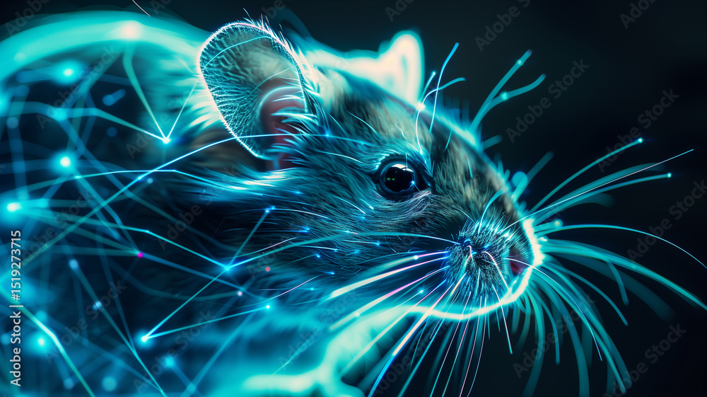 Poster This glowing hologram of a mouse floats above a surface, showing vibrant colors and patterns.