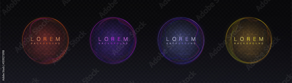 Aufkleber Abstract glowing circles HUD interfaces with circuit board textures in bright neon colors. For web banners and UIs. Vector