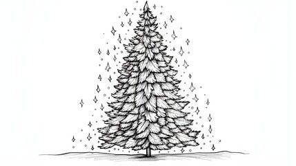 Hand Drawn Illustration of a Christmas Tree with Falling Snowflakes and Stars