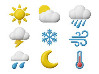 Weather 3D plastic icons, collection of weather icons, sun, cloud, rain, snow, lightning, and wind, clean and 3D modern design.