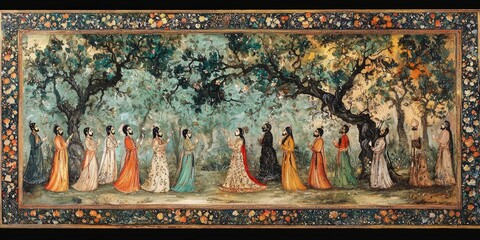 Detailed artwork showing procession of women in colorful robes with trees, birds, and flowers surrounding them in a Persian miniature style. Generative by AI.