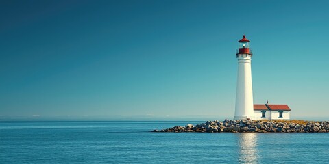 White lighthouse stands on rocky island surrounded by calm blue ocean under clear sky with light clouds. Generative by AI.