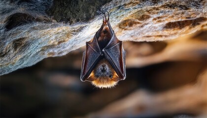 Striking Closeup of a Horseshoe Bat, Silhouetted Against the Chilly Cave Mouth at Dusk, Displaying an Otherworldly Beauty with Its Spread Wings.