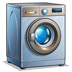 A front loading washing machine isolated on white background features a round door with a chrome handle and a control panel with buttons and a digital display