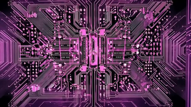 Close-up view of a circuit board, illuminated in vibrant pink
