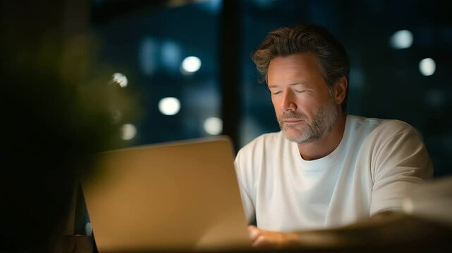 Strained worker in messy home office with laptop and no emails