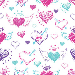 Hand Drawn Vector Creative Doodle Hearts Seamless Pattern Magenta, Blue and Purple Neon Colors Repeatable Pattern. For decorative gift wrapping paper, Card or Banner Template or Fabric textile prints.