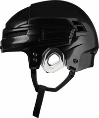 Ice hockey new black protective plastic helmet with front metal grill isolated on white background.