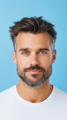 Fototapeta premium Man in white t-shirt on blue background