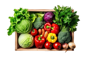 Fototapeta na wymiar many fresh different vegetables in wooden box container top view isolated on white or transparent png