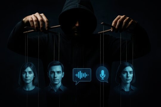 Hackers manipulate emotions through fake audio and visual content in a dark setting