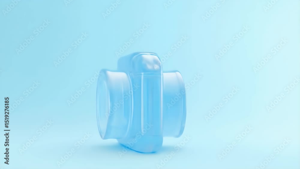 Aufkleber 薄い青色の背景に透明な青色のカメラ 3d レンダリングとクリーンなスタジオ照明によるミニマリストデザイン