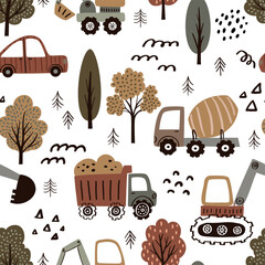 Seamless vector pattern with whimsical hand-drawn cars in soft neutral tones. Perfect for baby clothes, nursery decor, textiles, packaging, and kids’ projects. Includes EPS file.