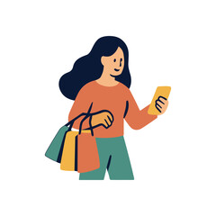 Shopper checking phone with shopping bags illustration design element