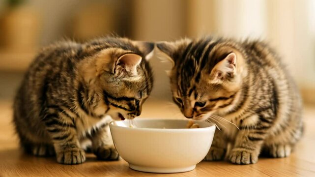 Two kittens drinking from a bowl, captured in a close-up angle. The warm lighting and focus create a cozy, intimate video feel. Live desktop wallpaper.