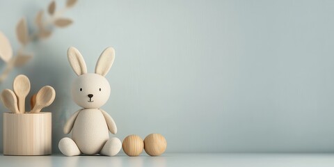 Obraz premium Kids room interior concept. Soft toy bunny next to wooden objects on a pastel-colored background.