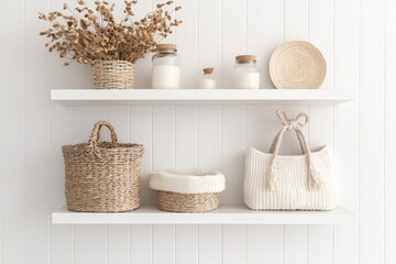 Fototapeta premium Kids room interior concept. Modern shelf display with woven baskets and decorative elements on a white wooden background.