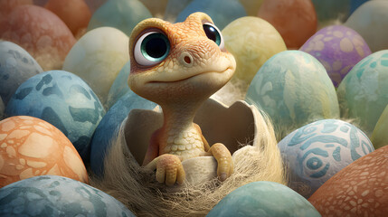 3d cartoon of a baby Dinosaur Hatching