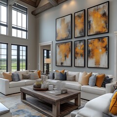 Contemporary living room with artwork and warm tones.