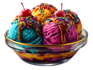 Colorful sundae with scoops of ice cream, syrup, and sprinkles in a glass dish, isolated on transparent background 