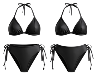 Black Halter-Neck Bikini with High-Waisted Bottom, Front View, isolated on a transparent background