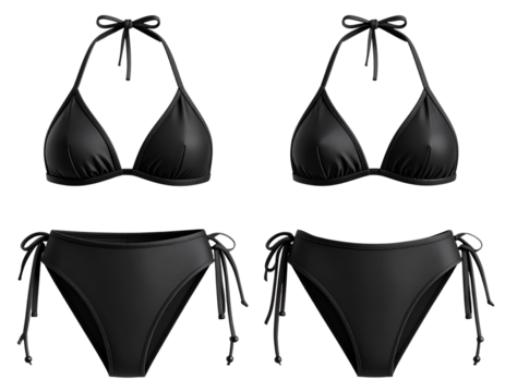 Black Halter-Neck Bikini with High-Waisted Bottom, Front View, isolated on a transparent background