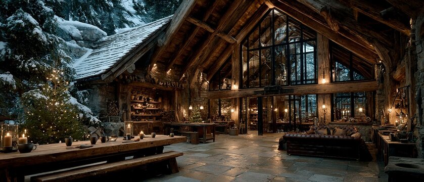 Ultra-Wide Alpine Timber Workshop at Night, Mercury Moonlight Casting Silver Stripes Through Snow-Laden Pines onto Cedar Roof, Warm Amber Glow from Leaded Glass Windows