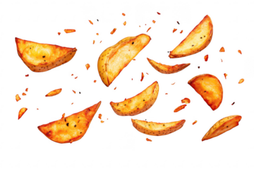 Crispy seasoned potato wedges falling isolated on white or transparent background