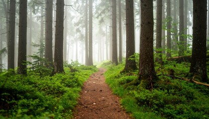 Fototapeta premium Misty Forest Path: A Serene Walk Through Nature's Embrace