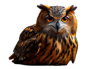 Obraz premium Eurasian eagle owl side angle perched, head to tail in frame, sharp eyes and feathers visible, isolated on transparent background 