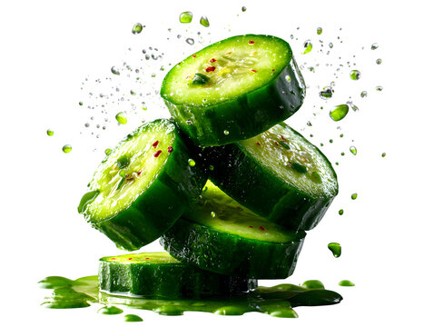 Falling cucumber slices captured mid-air in diagonal arrangement, isolated on transparent background 