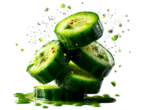 Falling cucumber slices captured mid-air in diagonal arrangement, isolated on transparent background 