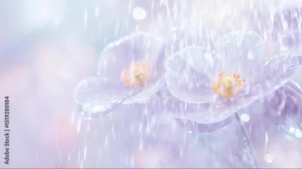 Poster パステルカラーの背景に雨滴が輝く淡い紫の花のマクロ撮影と繊細な背景ボケと軽い粒子効果が柔らかい雰囲気を醸し出す花の美しさ