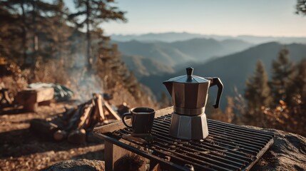 Campfire coffee rituals in forest campsite concept. Scenic camping setup with coffee pot and mountains in the background