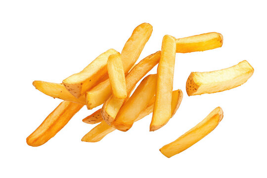 Golden french potapo fries falling isolated on transparent background